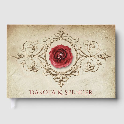 met juwelen getooid Roos |  Crimson Red Gem Grunge Gastenboek (Voorkant)