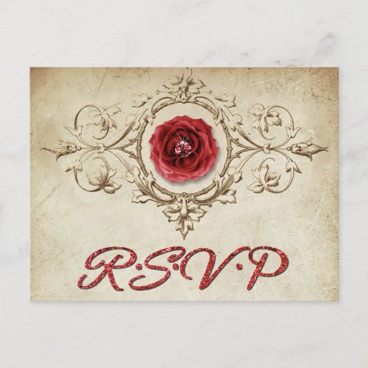 met juwelen getooid Roos |  Crimson Red Gem Grunge Uitnodiging Briefkaart (Voorkant)
