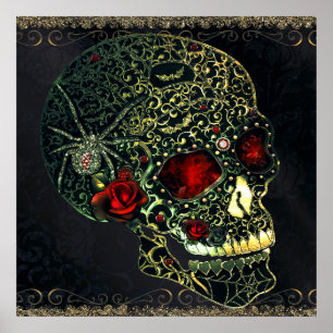 Met juwelen versierde spinnen schedel & rozen glam poster