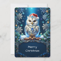 Met juwelen versierde uil met kerstmuts kerstkaart