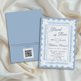 Met Kant in Liefde Blauw Kant QR Code Bruidsfeest Kaart