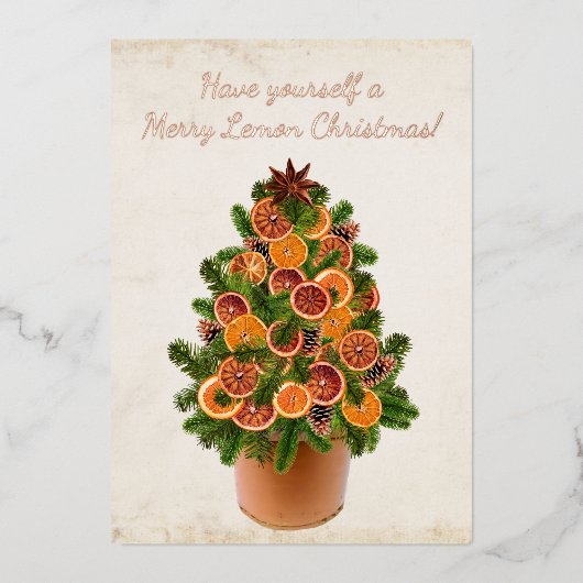 Met kerstbomen gedroogde citrusvruchten Foto's Folie Feestdagenkaart (Voorkant)