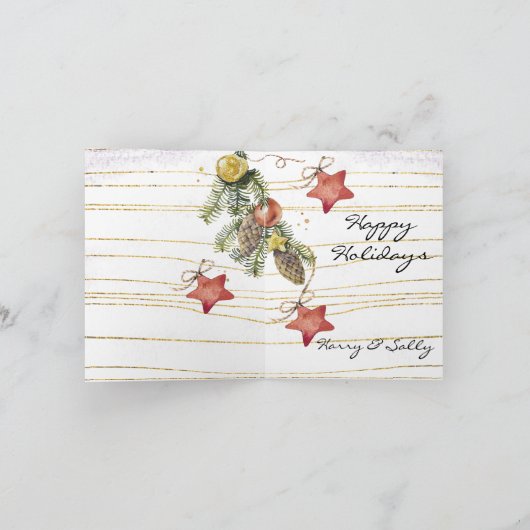 Met kerstbomen gedroogde vruchten, noten, goudPaar Feestdagen Kaart (Binnen)