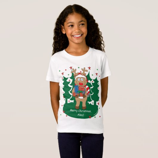 Met kerstmeisjes'Fine Jersey T-/Reindeer heeft cad T-shirt (Voorkant volledig)