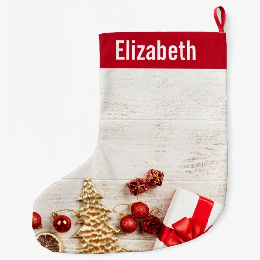 Met kerstmis behandelde items op een Rustige Woode Grote Kerstsok (Achterkant)