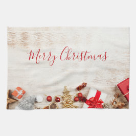 Met kerstmis behandelde items op een Rustige Woode Theedoek