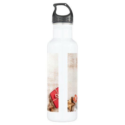 Met kerstmis behandelde items op een Rustige Woode Waterfles (Achterkant)