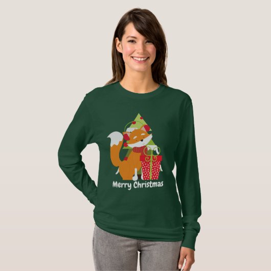 Met kerstmis Fox en boom kunt u een bericht toevoe T-shirt (Voorkant volledig)