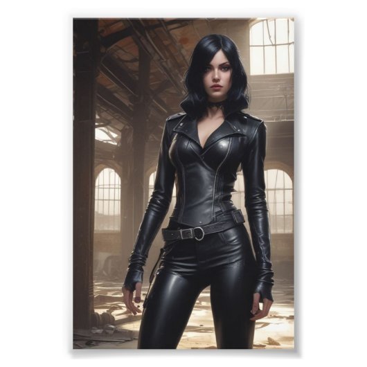 Met leer beklede Gothic Babe Posing Verlaten magaz Foto Afdruk (Voorkant)