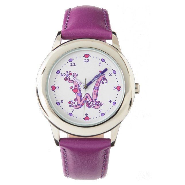 Met letter W roze monogramm meisjes horloge (Voorkant)