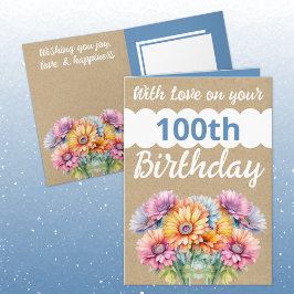 Met liefde 100ste verjaardag gerbera bloemen blauw kaart