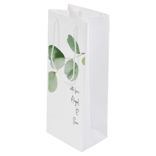 Met liefde, aangepaste namen Eucalyptus Wedding Wijn Cadeautas (Voorkant Gekanteld)