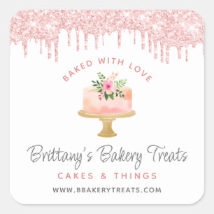Met Liefde Gebakken Bakkerij Cake Roze Glitter Vierkante Sticker