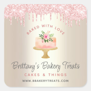Met Liefde Gebakken Cake Blush Roze Glitter Druppe Vierkante Sticker