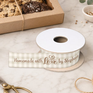 Met liefde gemaakt Neutraal Gingham Script Hart Satijnen Lint