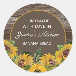 Met liefde gemaakte gele zonnebloemen op rustic ho ronde sticker