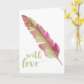 Met Liefde - Roze en Groene Veer Wenskaart Kaart (Gele Bloem)