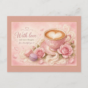 Met liefde Roze Theekopje Latte en Rozen Ansichtka Briefkaart