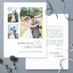 Met liefdesfoto's en dankbaarheid, blauwe bruiloft bedankkaart<br><div class="desc">Bedankt voor je gasten met deze elegante, moderne drietnotfoto bruiloft. Schone en eenvoudige witte en blauwe vormgeving met de uitdrukking "met onze liefde en dankbaarheid" in een combinatie van moderne bloktypografie en moderne, handgeschreven kalligrafie. Terug met het gebied voor uw bericht en namen. Gemakkelijke sjabloon waar u uw afbeeldingen kunt...</div>