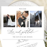 Met Love and Gratitude Photo Monogram Weddenschap Bedankkaart<br><div class="desc">Bedankt voor je gasten met deze elegante drie foto's die ik heb gefotografeerd. Schone en eenvoudige witte en zwarte vormgeving met elegantie en genade. De term "met liefde en dankbaarheid" in moderne handgeschreven kalligrafie. Terug met elegant handgetekend monogram met koppels initialen en gebied voor je bericht. Gemakkelijke sjabloon waar u...</div>