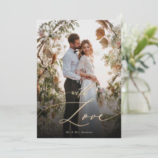 Met Love Gold Script Weduwfoto Bedankkaart (Staand voorkant)