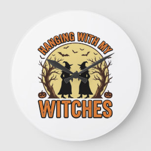 Met mijn heksen hangen Vintage Halloween-ontwerp_1 Grote Klok