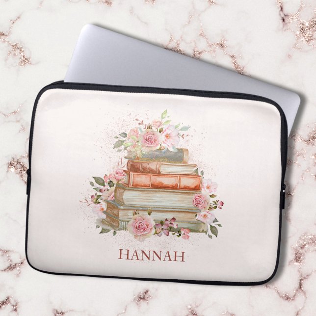 Met Monogram Boeken en Roze Rozen Laptop Sleeve (Close up)