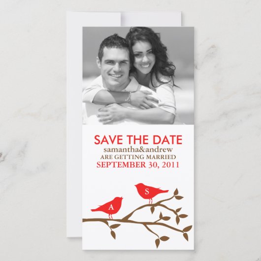 Met Monogram Geborduurde Liefdes Vogels Bewaar de Save The Date (Voorkant)