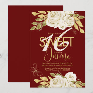 Met monogram geborduurde Sweet 16 ivoorkleurige ro Kaart