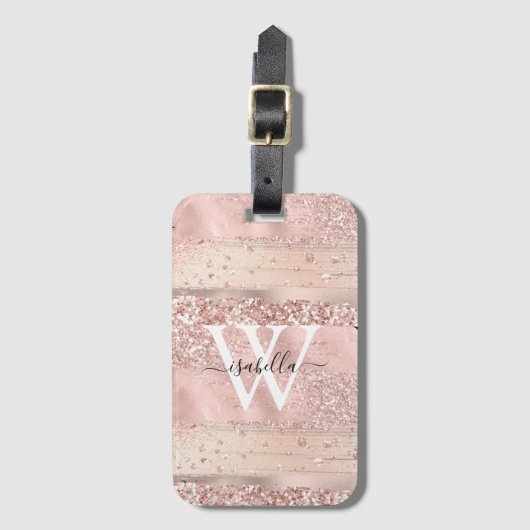 Met Monogram Roze Gouden Kwaststrepen Glitter Schr Bagagelabel (Voorkant (verticaal))