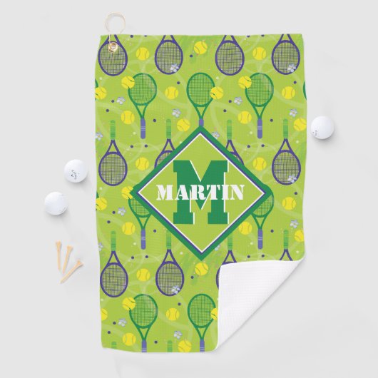 Met naam en initiaal, groene en paarse tennisracke golfhanddoek (Insitu)