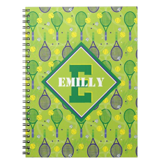 Met naam en initiaal, groene en paarse tennisracke notitieboek (Voorkant)