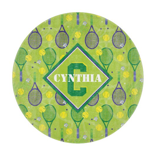 Met naam en initiaal, groene en paarse tennisracke snijplank (Voorkant)