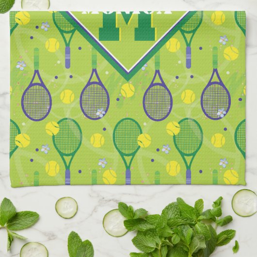 Met naam en initiaal, groene en paarse tennisracke theedoek (Gevouwen)