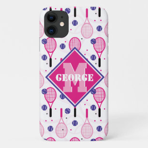 Met naam en initiaal, roze en paarse tennisrackets Case-Mate iPhone case