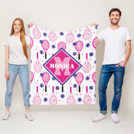 Met naam en initiaal, roze en paarse tennisrackets fleece deken