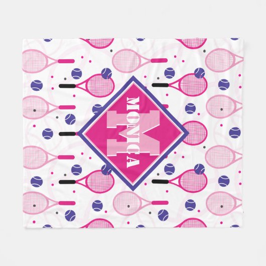 Met naam en initiaal, roze en paarse tennisrackets fleece deken (Voorkant (Horizontaal))