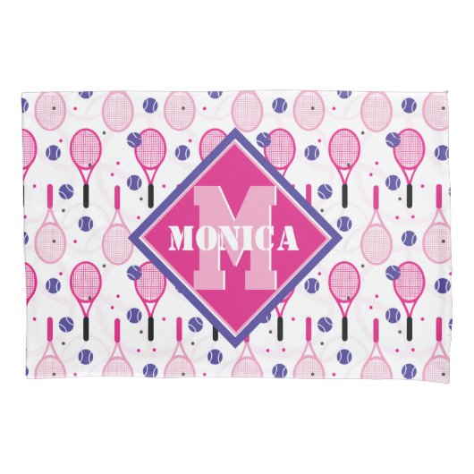 Met naam en initiaal, roze en paarse tennisrackets kussensloop (Voorkant)