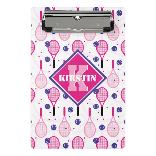 Met naam en initiaal, roze en paarse tennisrackets mini klembord (Voorkant)