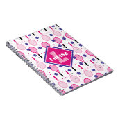 Met naam en initiaal, roze en paarse tennisrackets notitieboek (Rechterzijde)