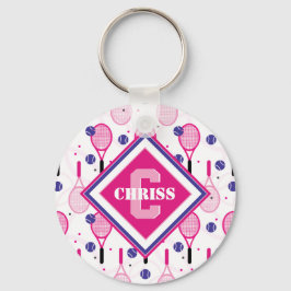 Met naam en initiaal, roze en paarse tennisrackets sleutelhanger