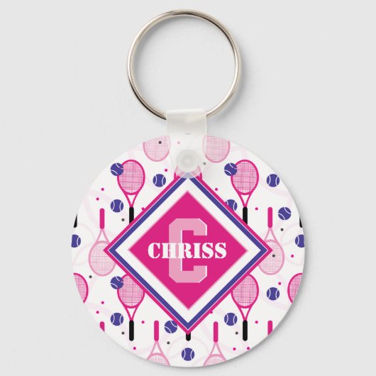 Met naam en initiaal, roze en paarse tennisrackets sleutelhanger (Voorkant)