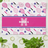 Met naam en initiaal, roze en paarse tennisrackets theedoek (Gevouwen)