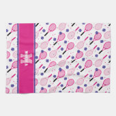 Met naam en initiaal, roze en paarse tennisrackets theedoek (Horizontaal)