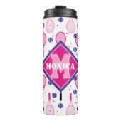 Met naam en initiaal, roze en paarse tennisrackets thermosbeker (Voorkant)