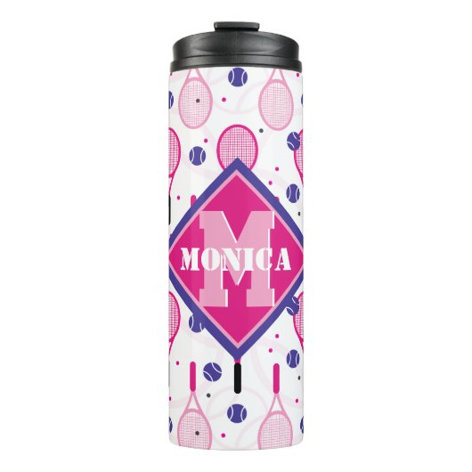 Met naam en initiaal, roze en paarse tennisrackets thermosbeker (Voorkant)