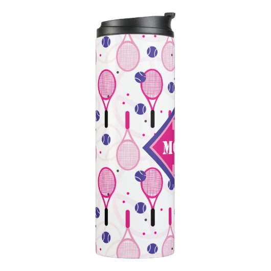 Met naam en initiaal, roze en paarse tennisrackets thermosbeker (Gedraaid links)