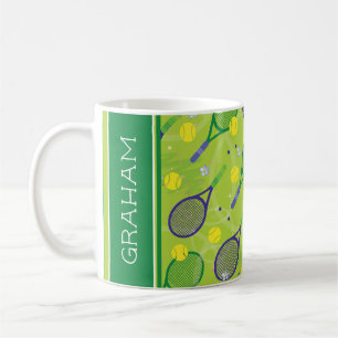 Met naam groene en paarse tennisrackets koffie mok