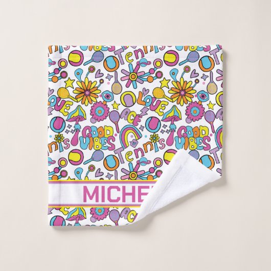 Met naam 🎾 groovy pastel tennis washandje (Wasdoekje)