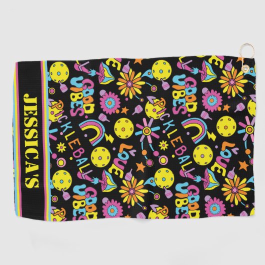 Met naam, Groovy, retro 90, zwart Golfhanddoek (Horizontaal)